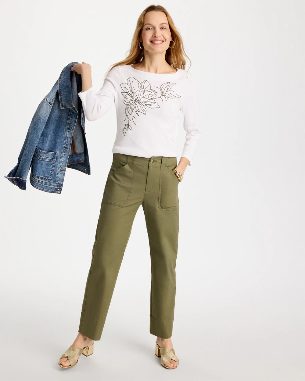 Embroidered Pima 3/4 Sleeve Tee Alabaster - Chico's