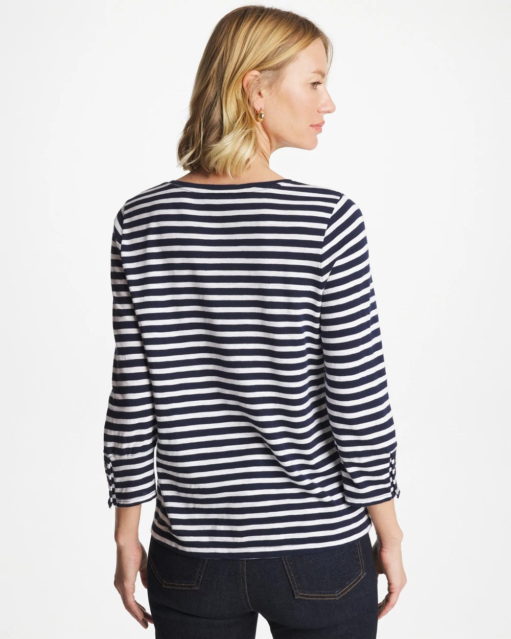 Striped Cotton Slub 3/4 Sleeve Button Tee Passport Blue - Chico's