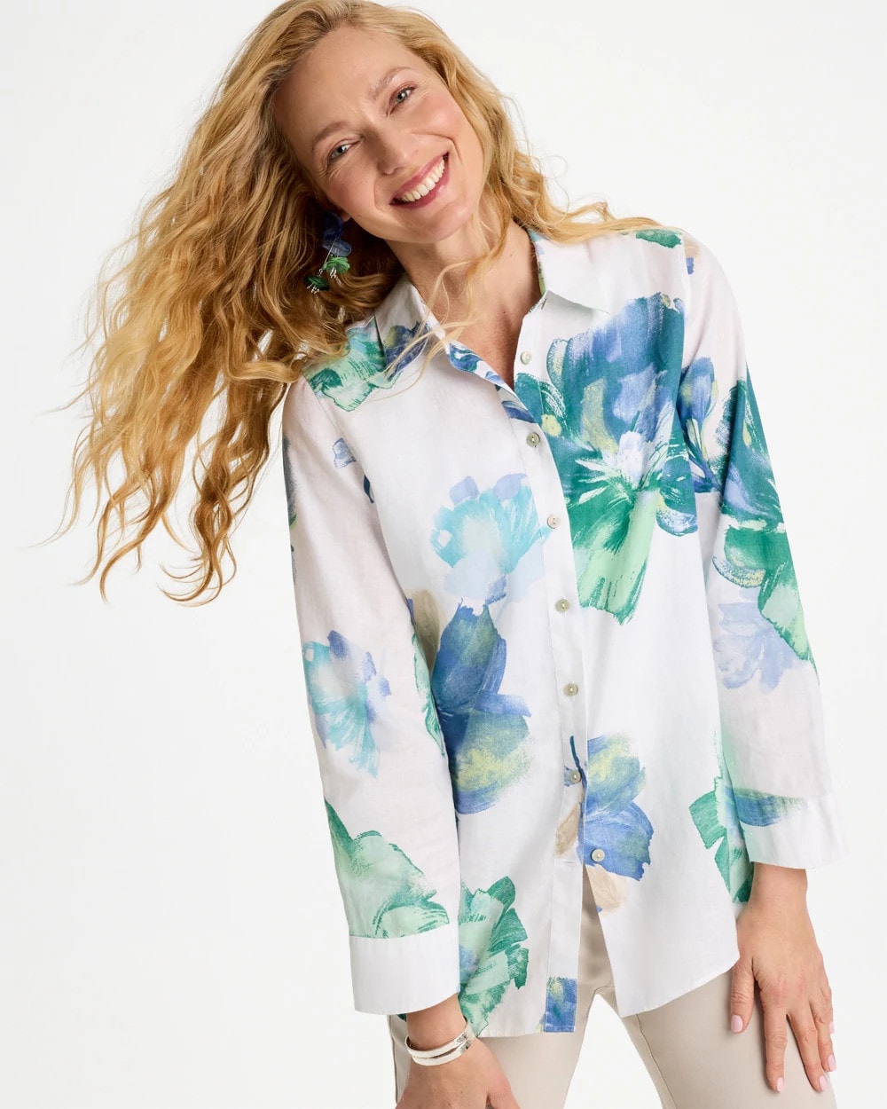 No Iron™ Printed Linen Shirt Passport Blue - Chico's