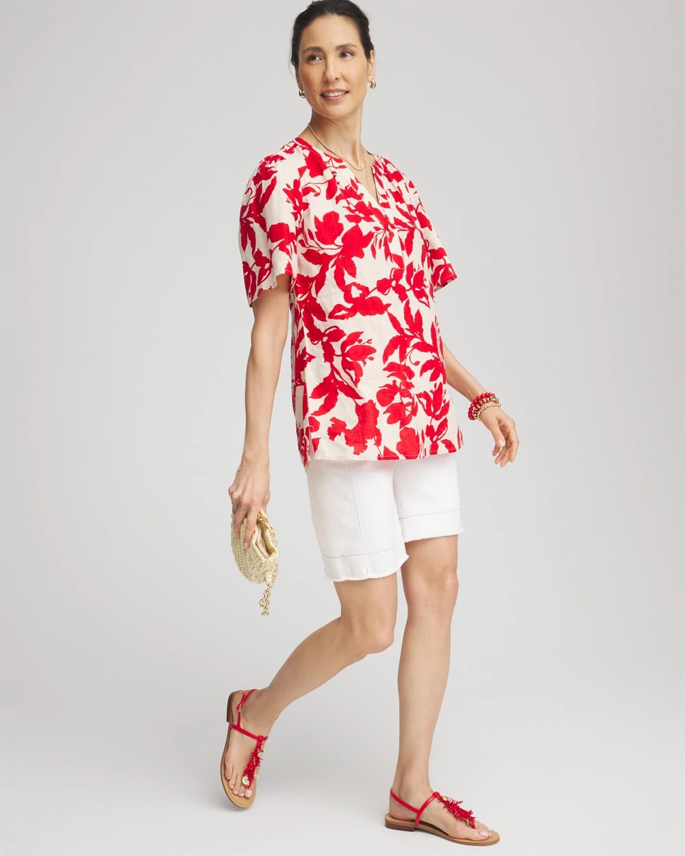 Floral Linen Popover Shirt Red Glow - Chico's