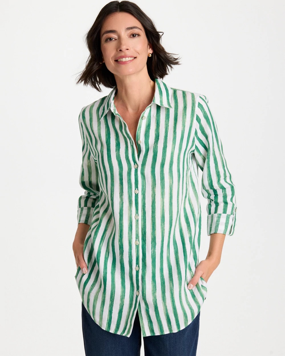 No Iron™ Striped Linen Tunic Hunter Green - Chico's
