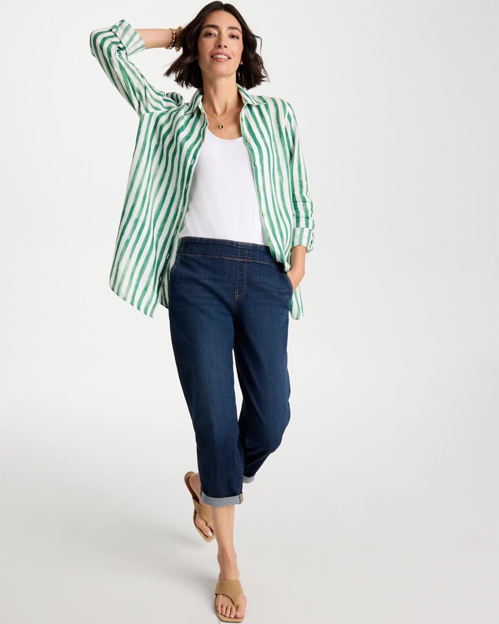 No Iron™ Striped Linen Tunic Hunter Green - Chico's