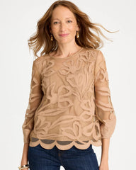 Floral-Motif Mesh 3/4 Sleeve Top Cattail Brown - Chico's