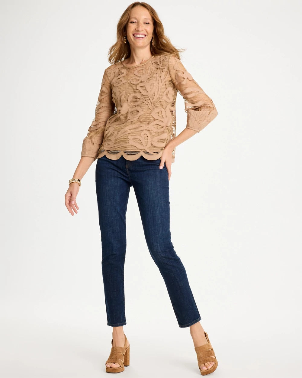 Floral-Motif Mesh 3/4 Sleeve Top Cattail Brown - Chico's