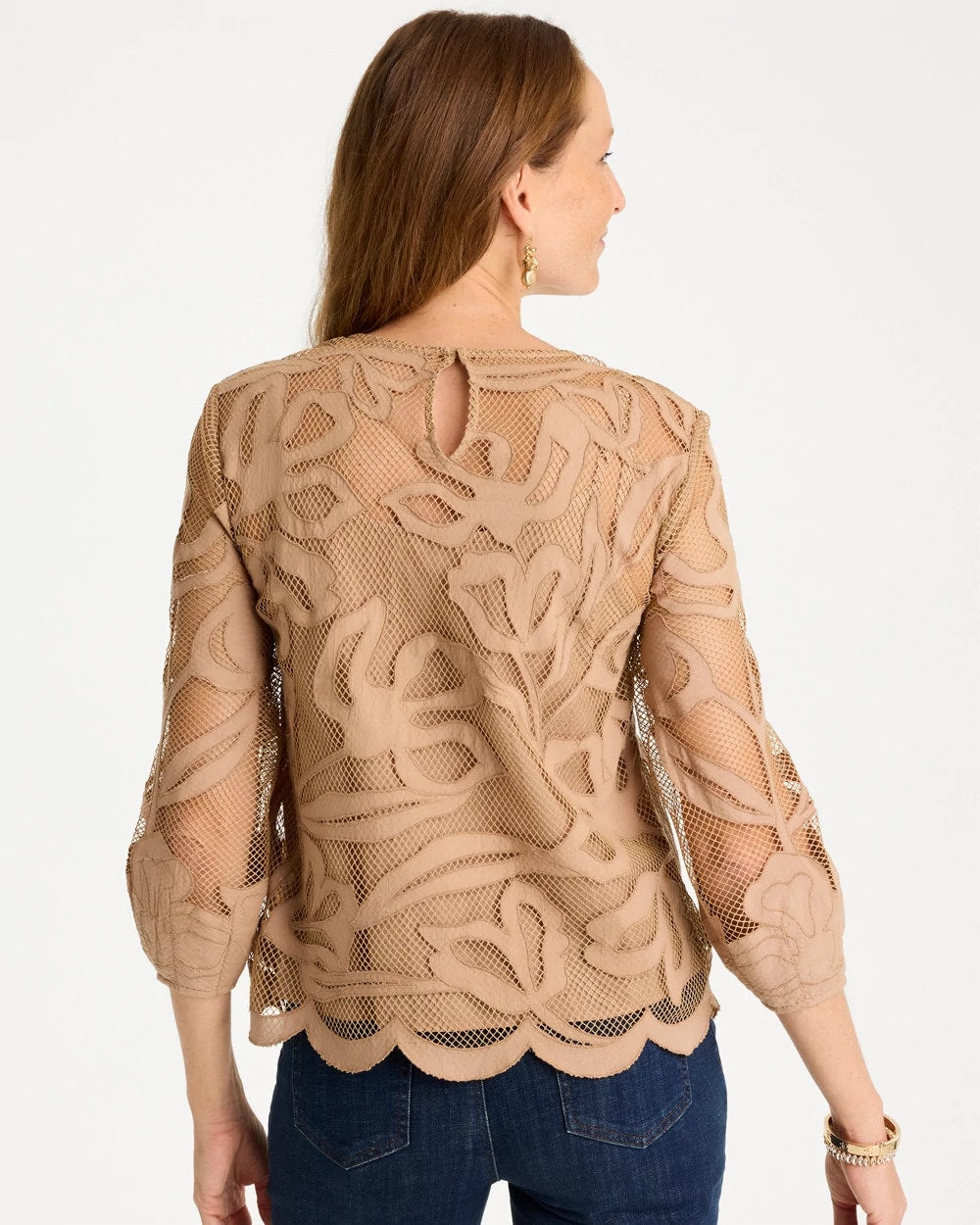 Floral-Motif Mesh 3/4 Sleeve Top Cattail Brown - Chico's