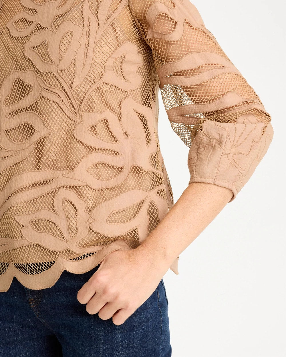Floral-Motif Mesh 3/4 Sleeve Top Cattail Brown - Chico's