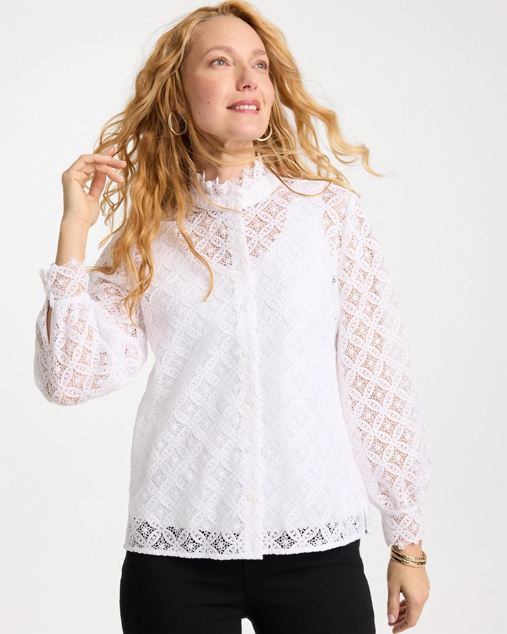 Lace Ruffle Neck Blouse Alabaster - Chico's