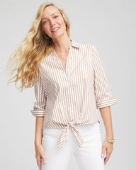 Striped Poplin Tie-Front Top Creme Coffee - Chico's