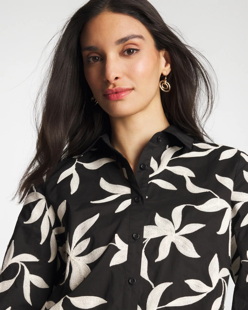 Embroidered Cropped Collared Shirt Black - Chico's
