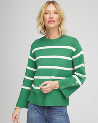 Striped Button Sleeve Crewneck Pullover Sweater Jardin Green - Chico's