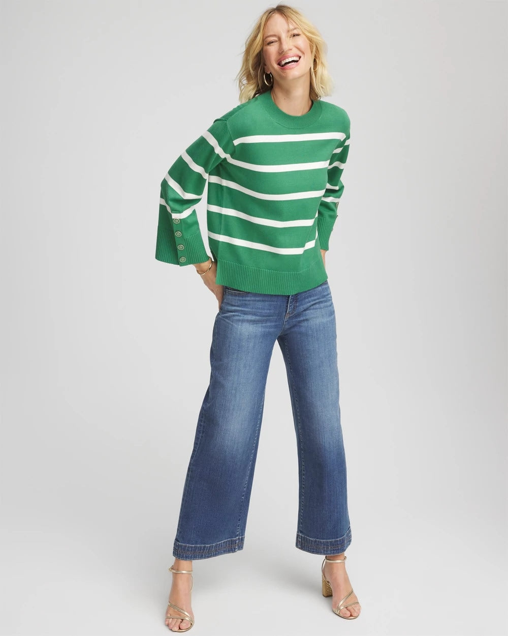 Striped Button Sleeve Crewneck Pullover Sweater Jardin Green - Chico's