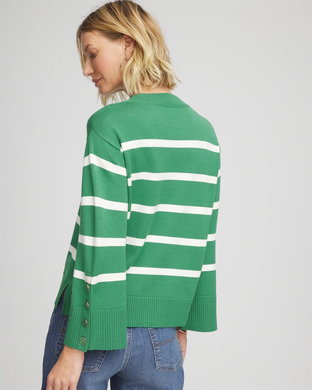 Striped Button Sleeve Crewneck Pullover Sweater Jardin Green - Chico's