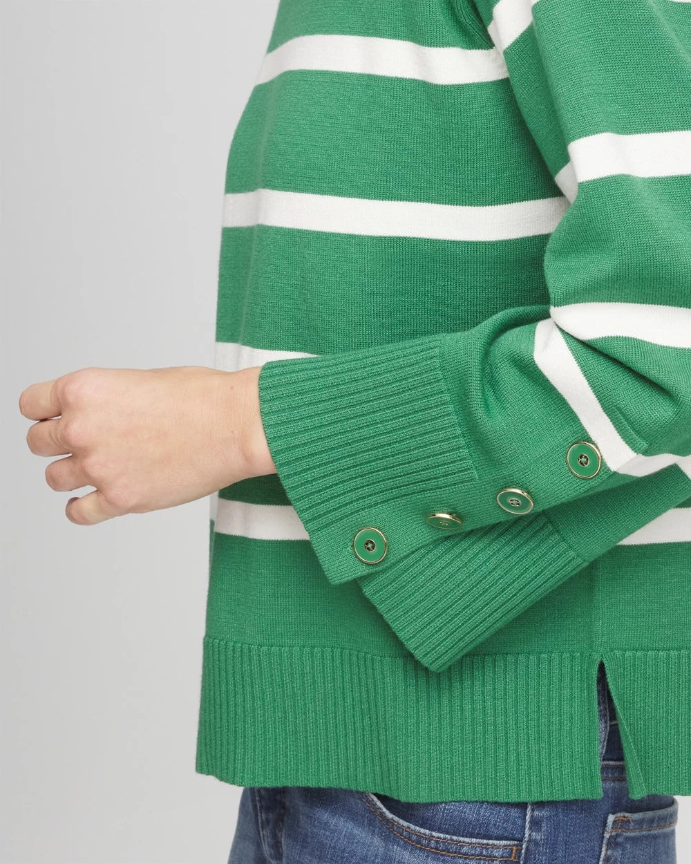 Striped Button Sleeve Crewneck Pullover Sweater Jardin Green - Chico's