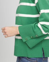 Striped Button Sleeve Crewneck Pullover Sweater Jardin Green - Chico's