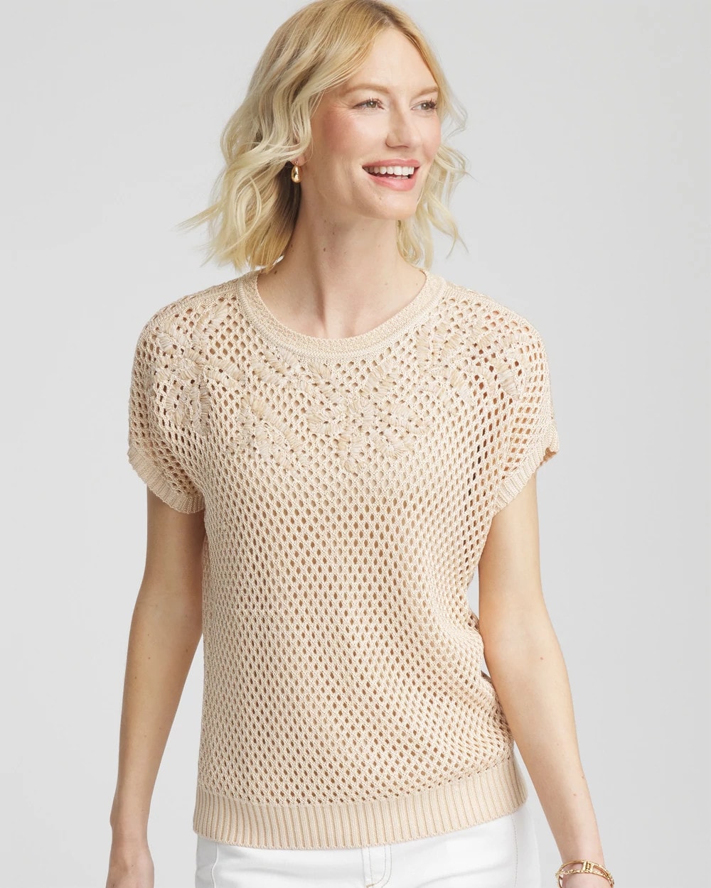 Embroidered Pointelle Pull-Over Glistening Sand - Chico's