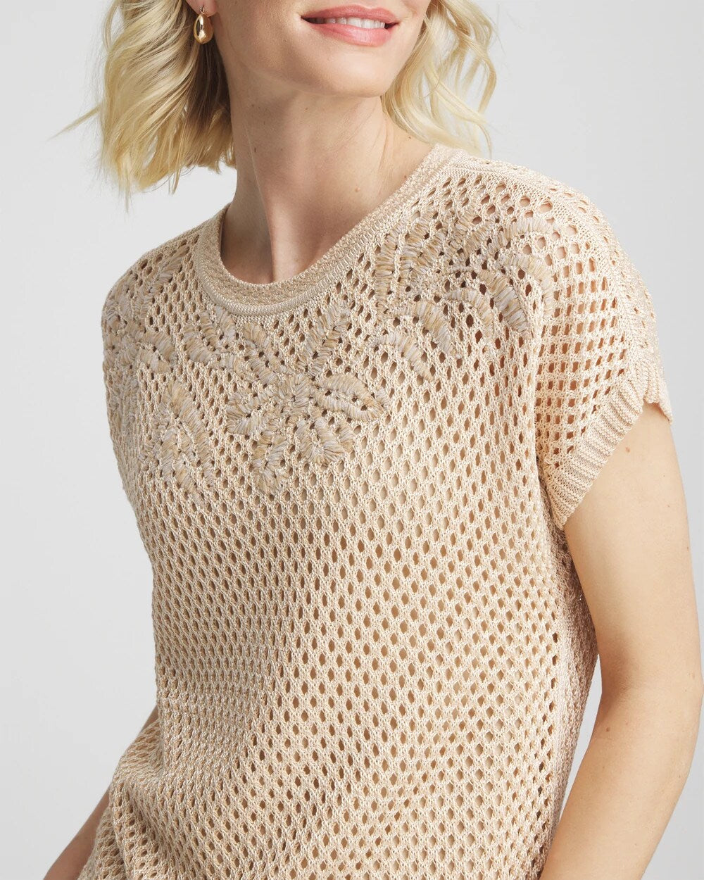 Embroidered Pointelle Pull-Over Glistening Sand - Chico's