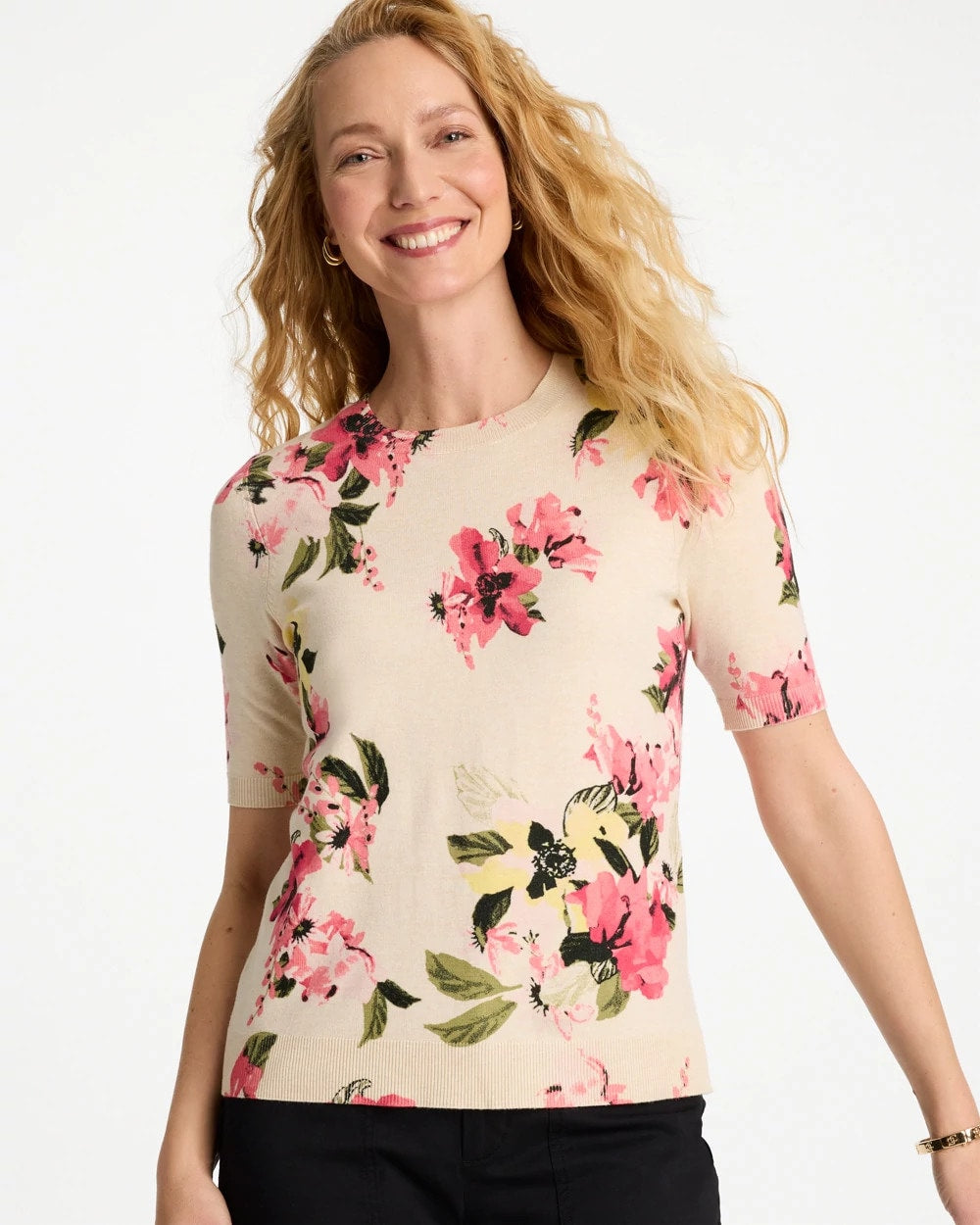 Ella Crewneck Floral Pullover Sweater Hot Honeysuckle - Chico's
