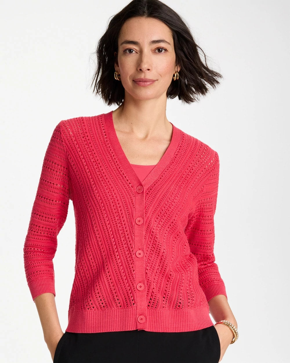 Stitchy V-Neck Cardigan Hot Honeysuckle - Chico's