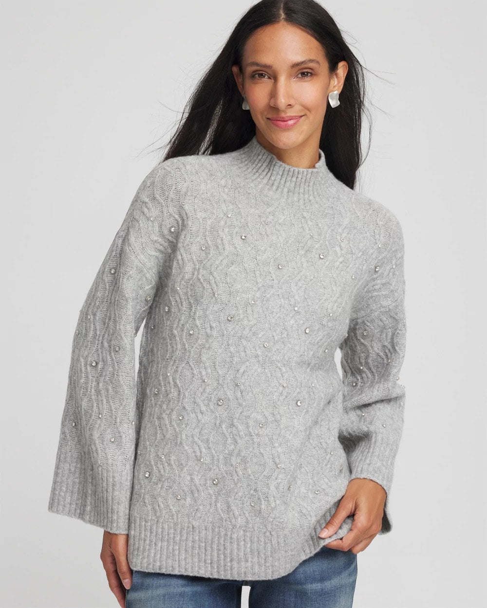 Sequined Cable Knit Sweater Cloud Heather Gray - Chico's