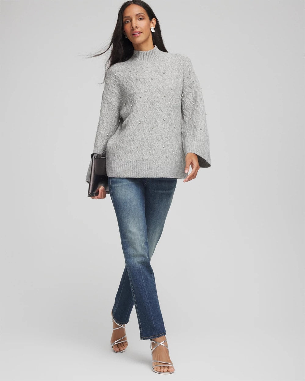 Sequined Cable Knit Sweater Cloud Heather Gray - Chico's