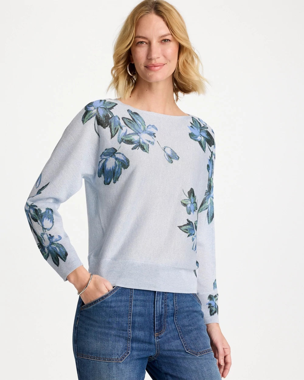 Floral Print Pullover Sweater Blue Orchid - Chico's