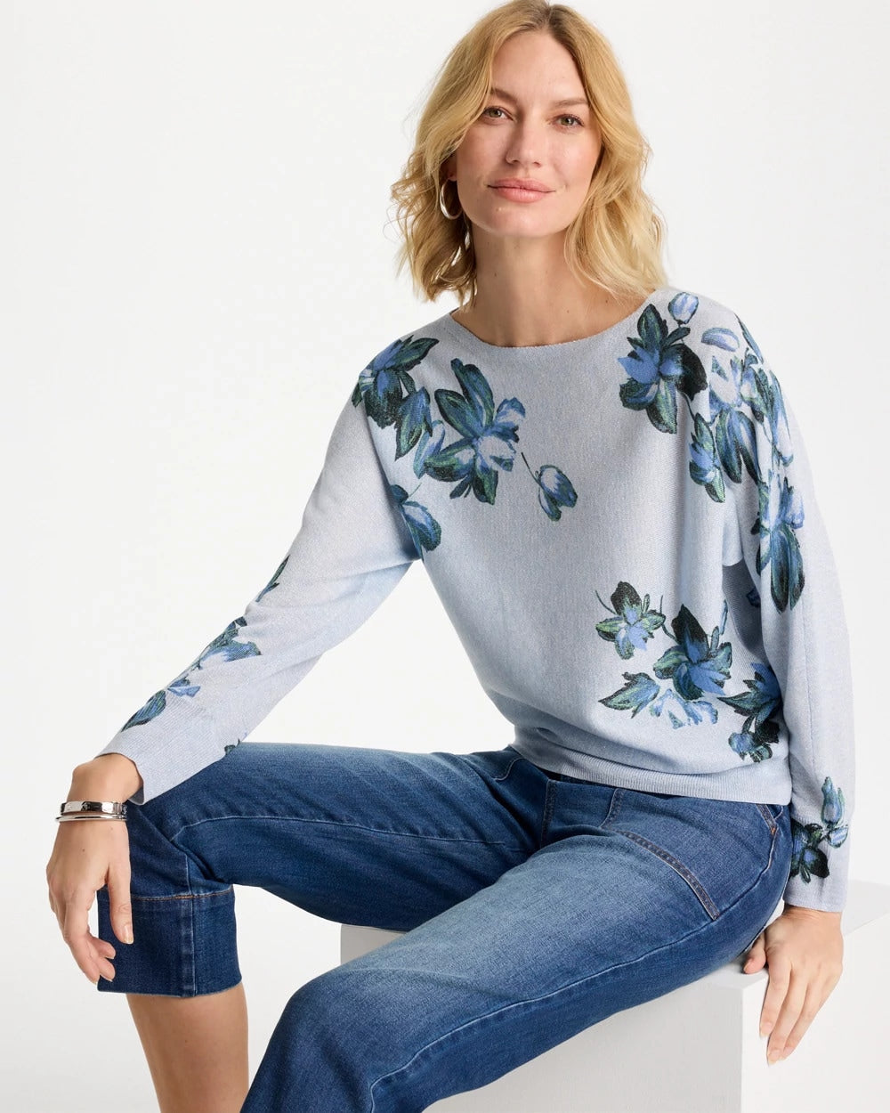 Floral Print Pullover Sweater Blue Orchid - Chico's