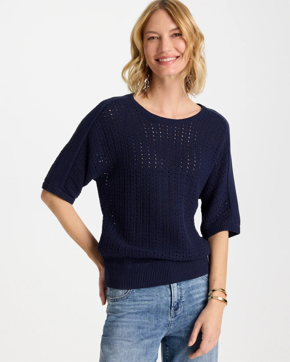Pointelle Crewneck Pullover Sweater Passport Blue - Chico's