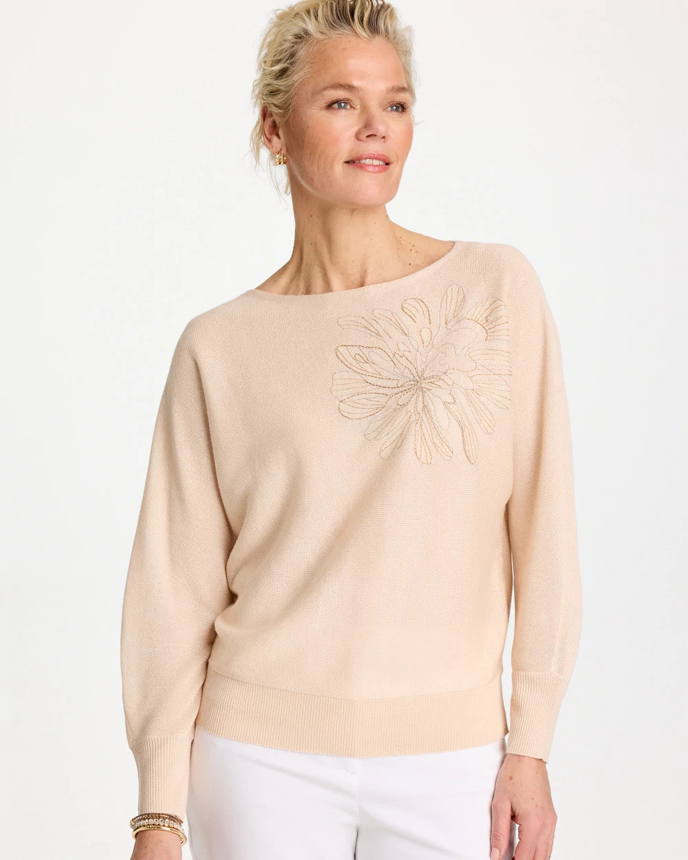 Embroidered 3/4 Sleeve Sweater Neutral - Chico's