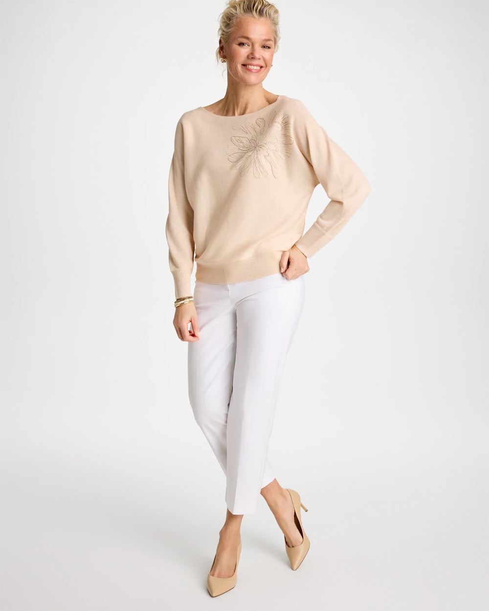 Embroidered 3/4 Sleeve Sweater Neutral - Chico's