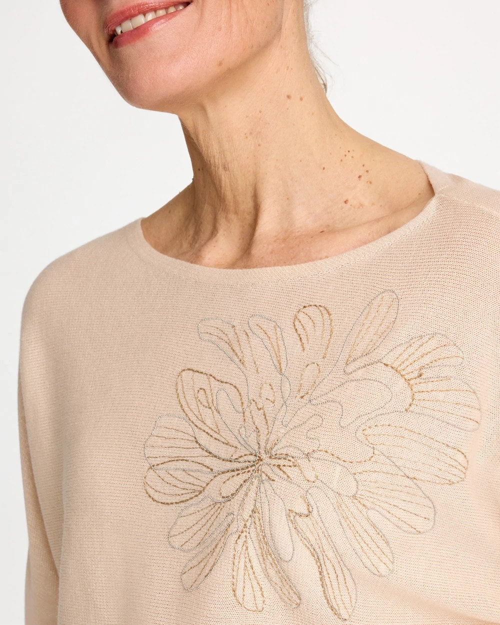 Embroidered 3/4 Sleeve Sweater Neutral - Chico's