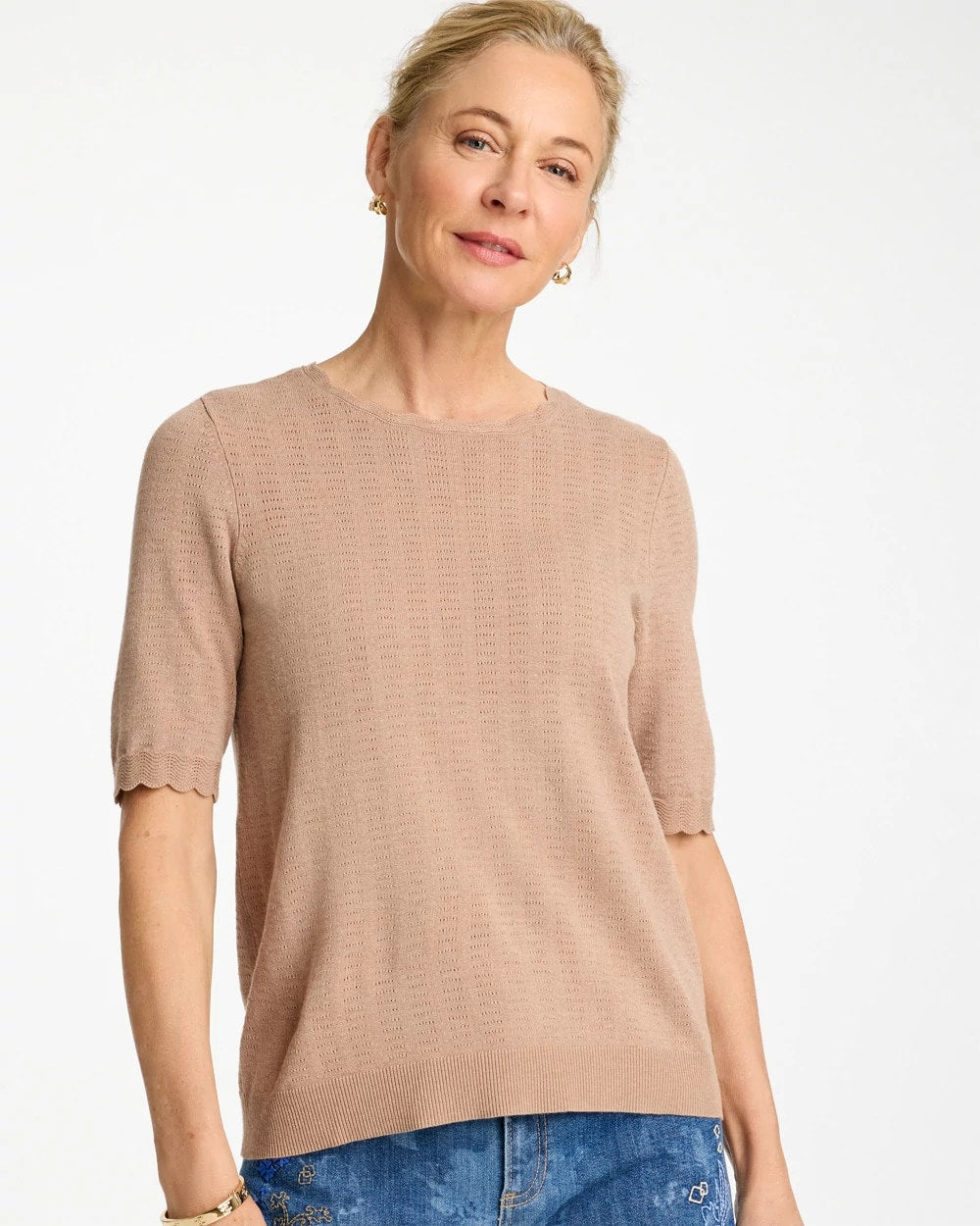 Ella Crewneck Pointelle Pullover Sweater Cattail Brown - Chico's
