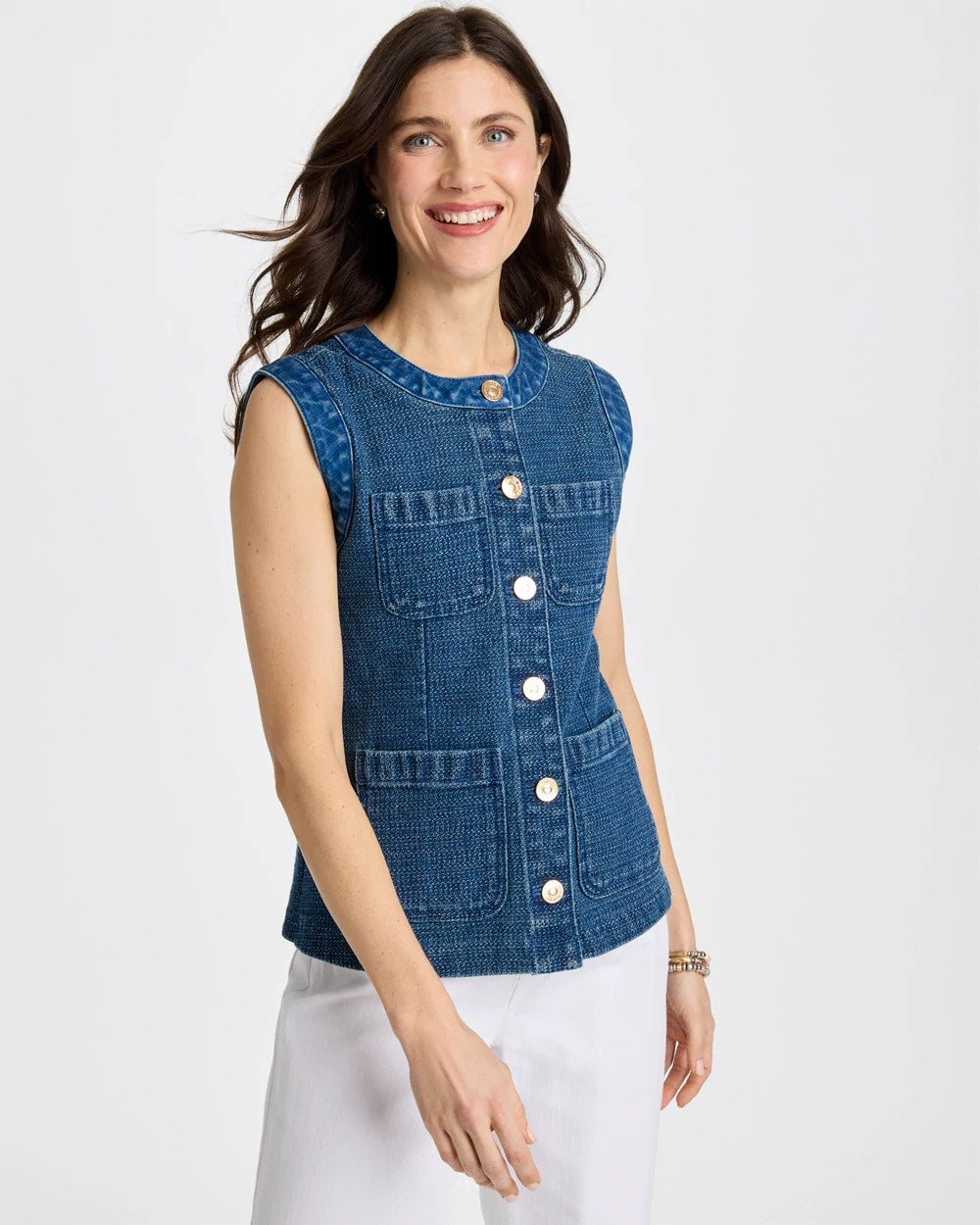Tweed Mixed Denim Vest Mist Flower Indigo - Chico's