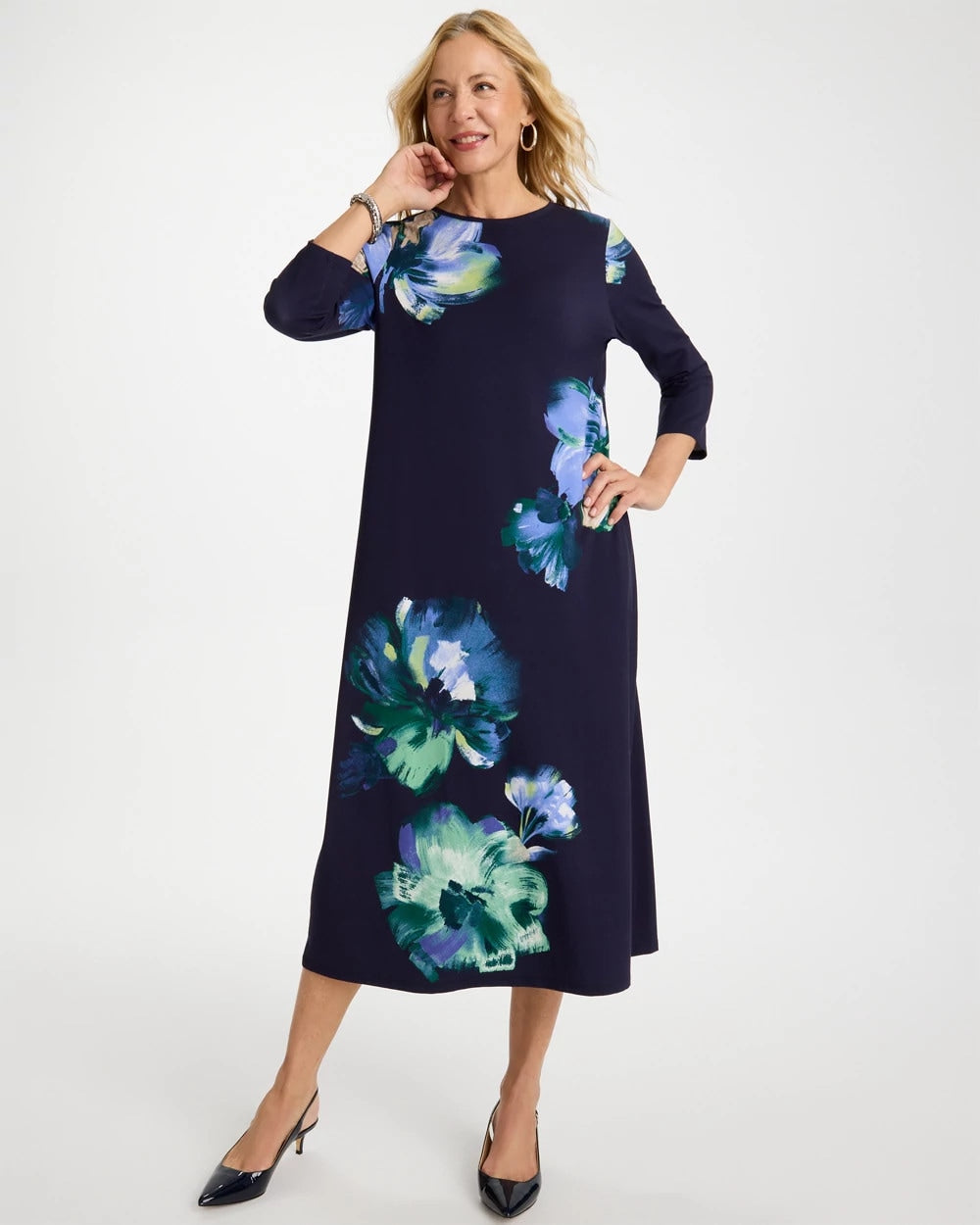 Floral 3/4 Sleeve Maxi Dress Passport Blue - Chico's