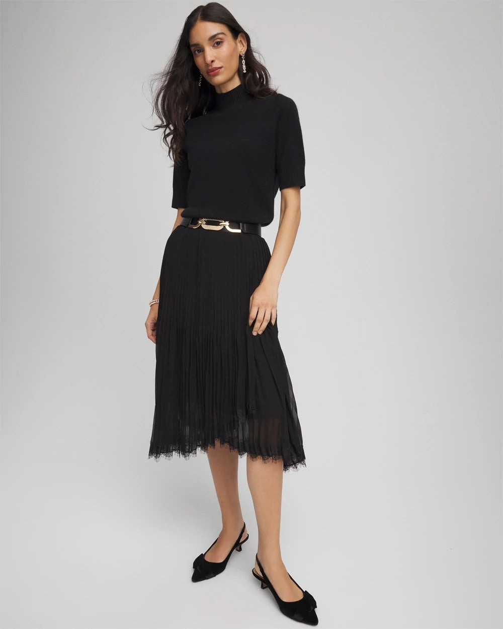 Pleated Lace Hem Midi Skirt Black - Chico's