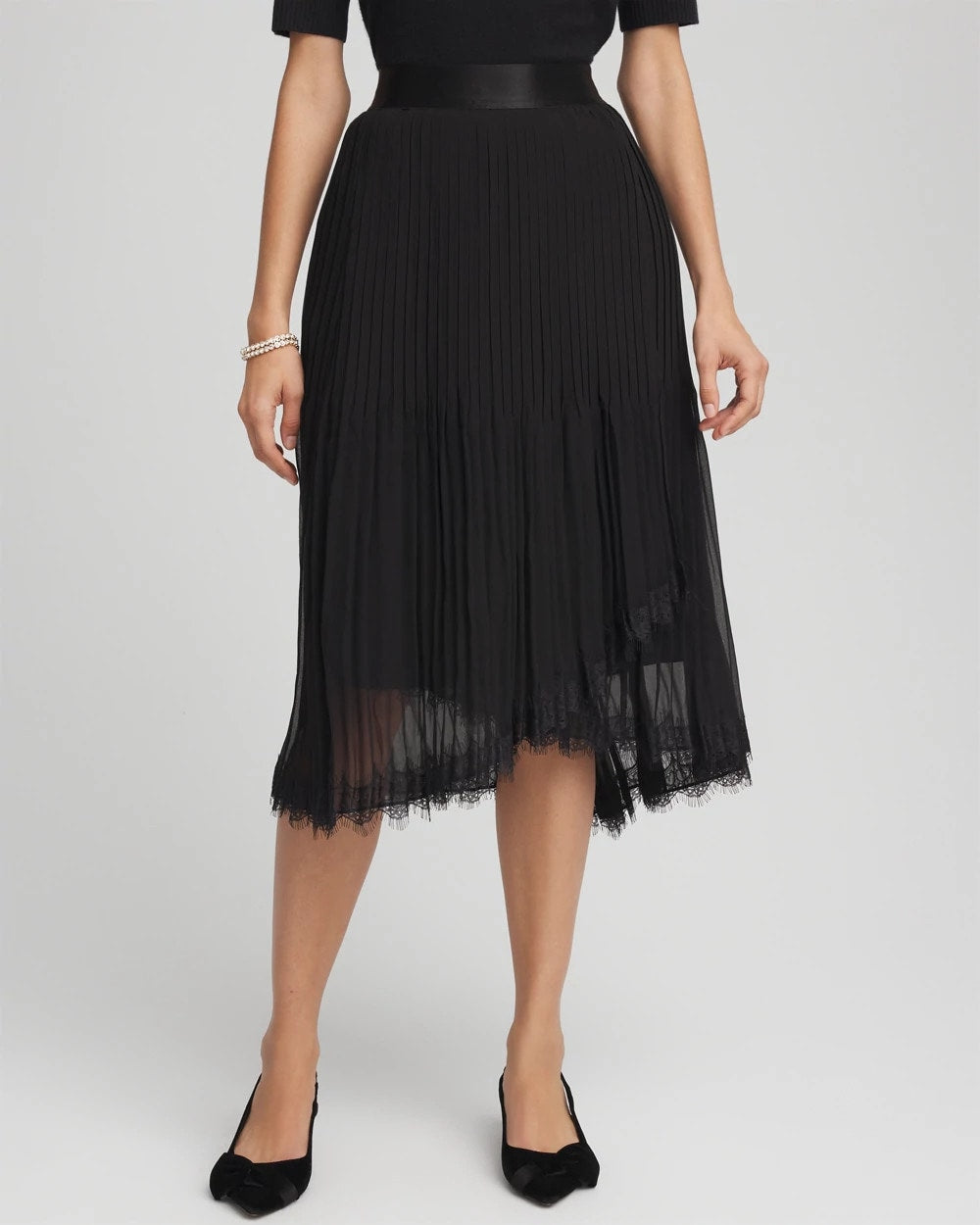 Pleated Lace Hem Midi Skirt Black - Chico's