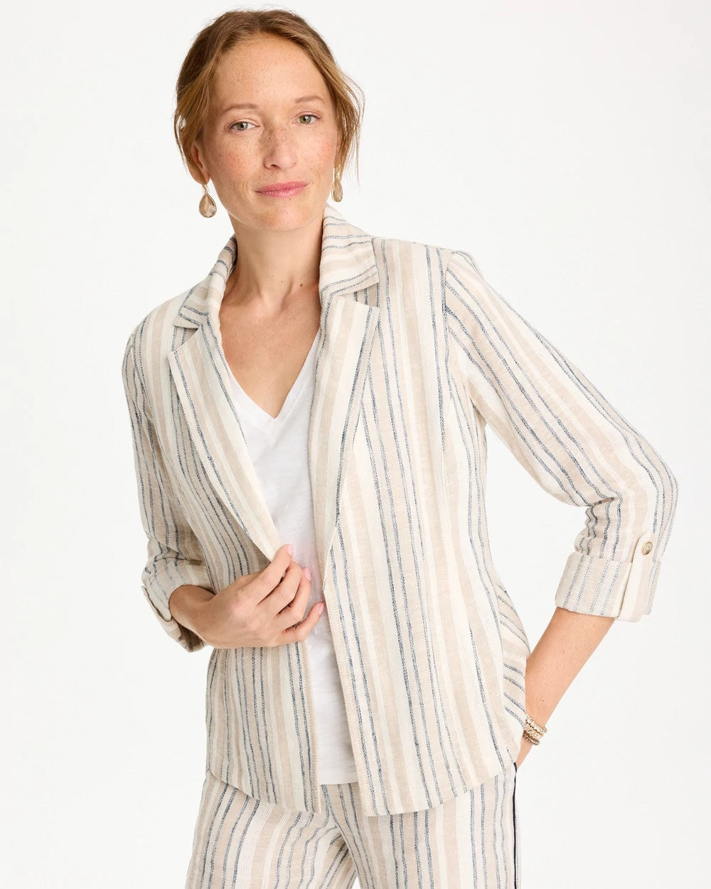 Striped Linen Roll Sleeve Blazer Neutral - Chico's