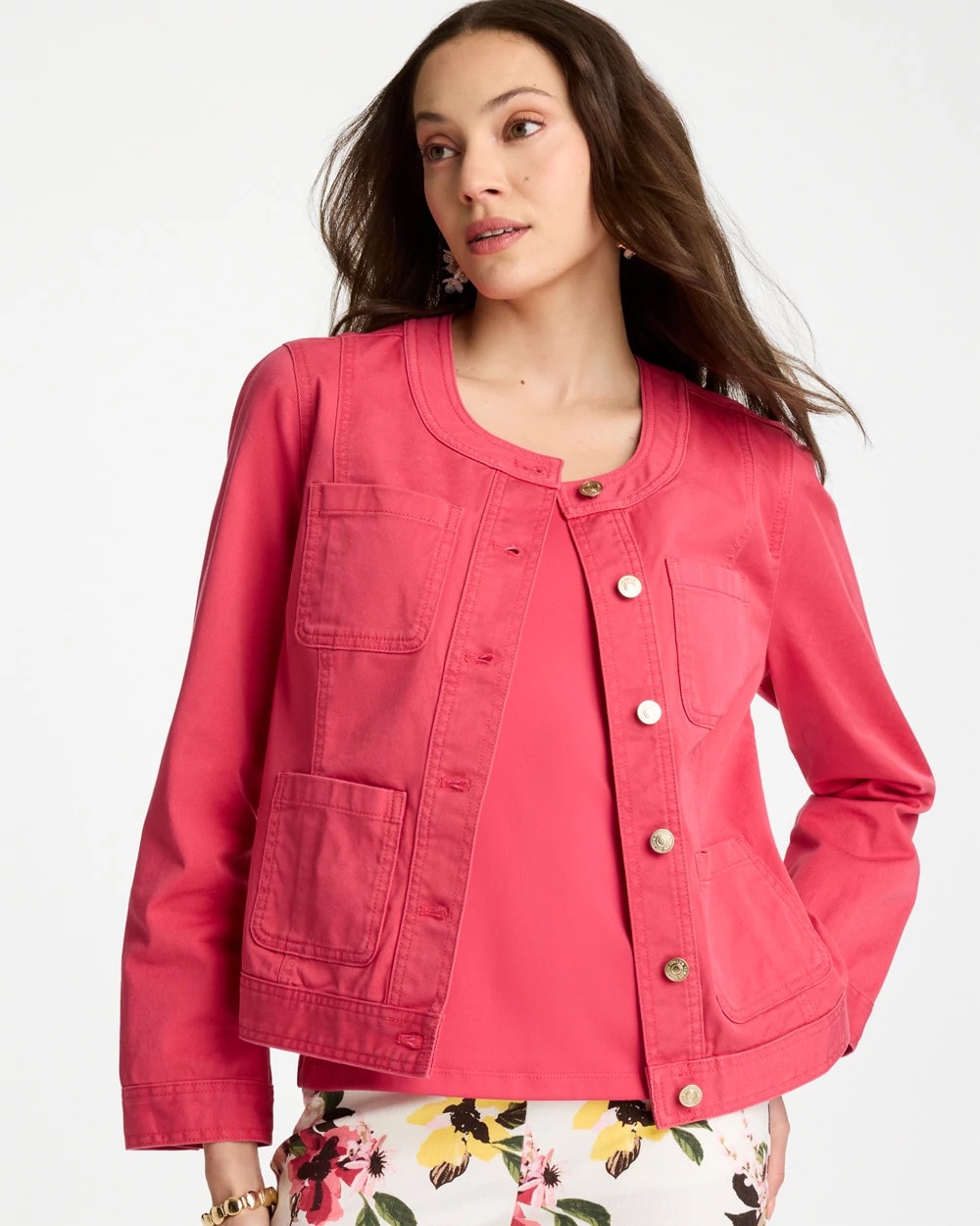 Collarless Twill Box Jacket Hot Honeysuckle - Chico's
