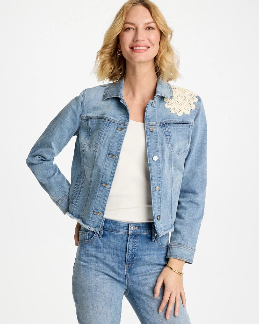 Embroidered Frayed Denim Trucker Jacket Coral Reef Indigo - Chico's