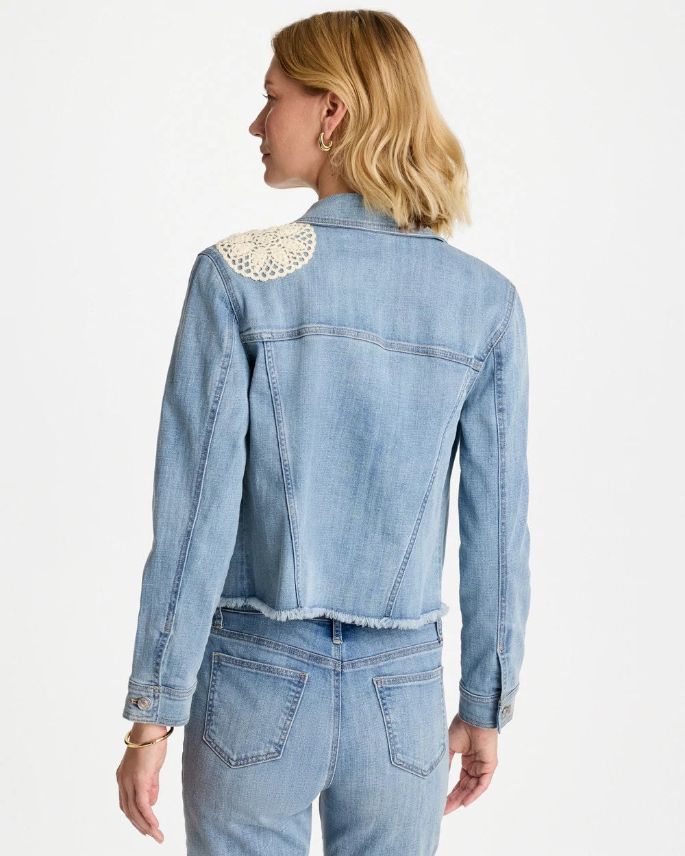 Embroidered Frayed Denim Trucker Jacket Coral Reef Indigo - Chico's