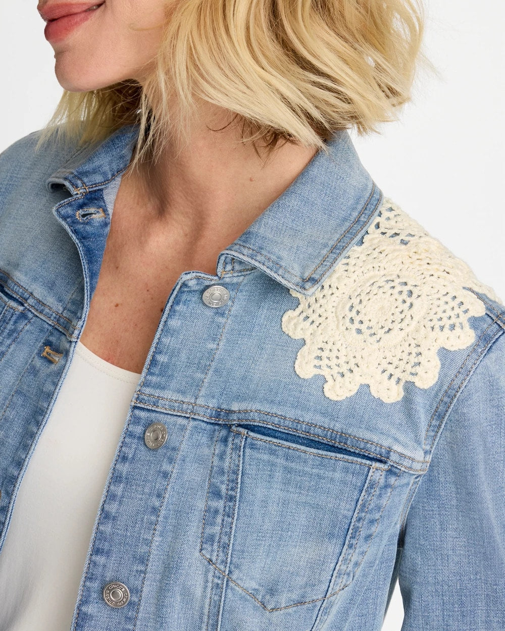 Embroidered Frayed Denim Trucker Jacket Coral Reef Indigo - Chico's