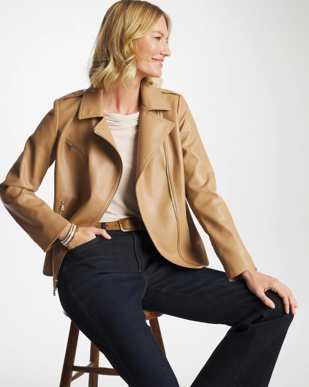 Faux Leather Moto Jacket Creme Coffee - Chico's