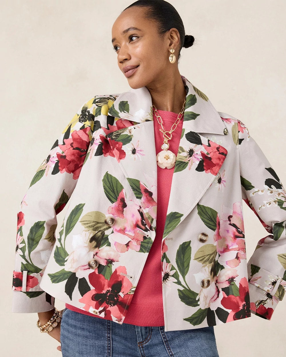 Cotton-Stretch Floral Trench Coat Smokey Taupe - Chico's