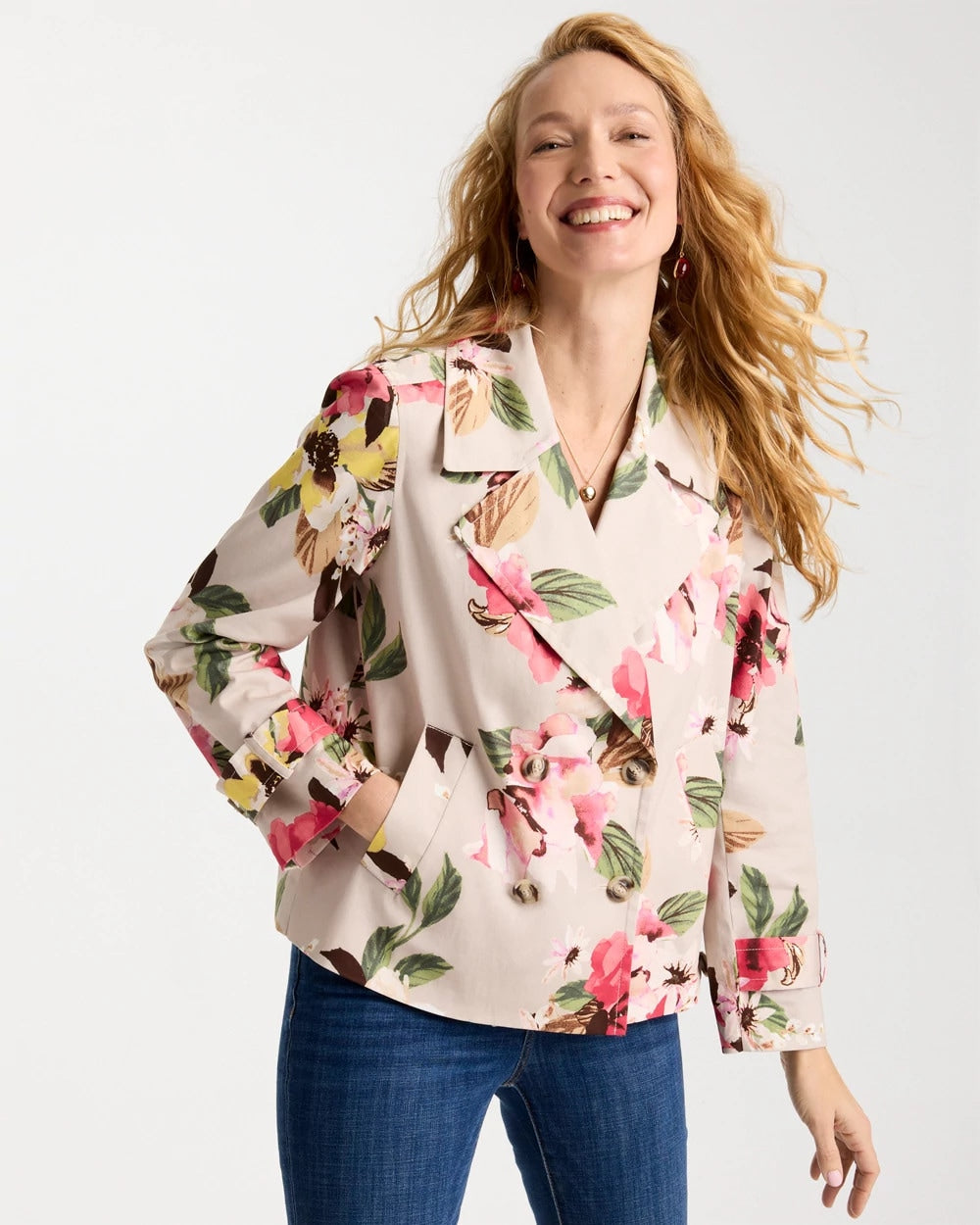 Cotton-Stretch Floral Trench Coat Smokey Taupe - Chico's