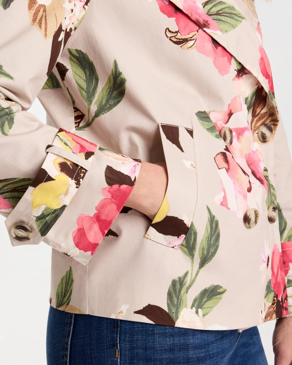 Cotton-Stretch Floral Trench Coat Smokey Taupe - Chico's
