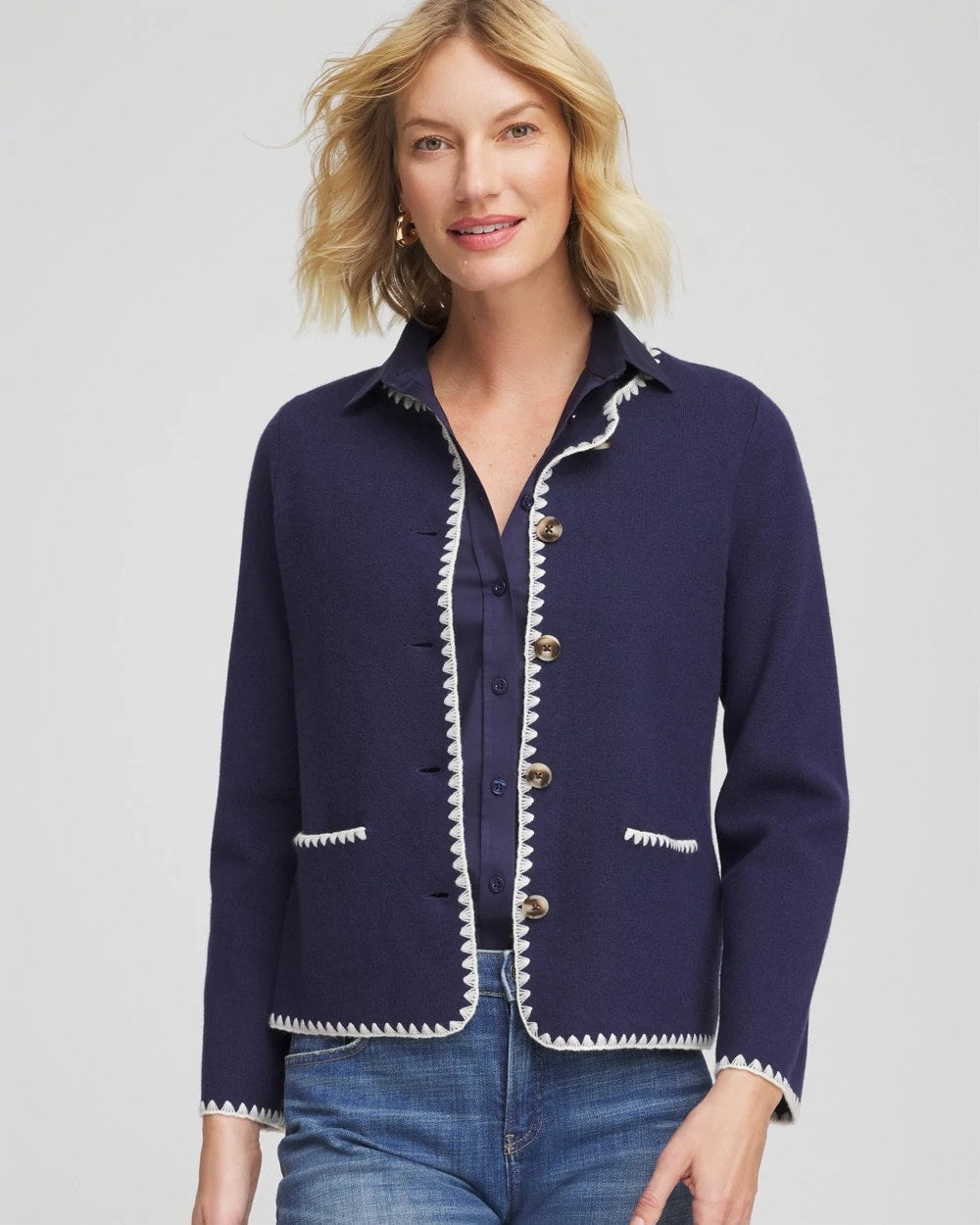 Blanket Stitch Crewneck Cardigan Passport Blue - Chico's