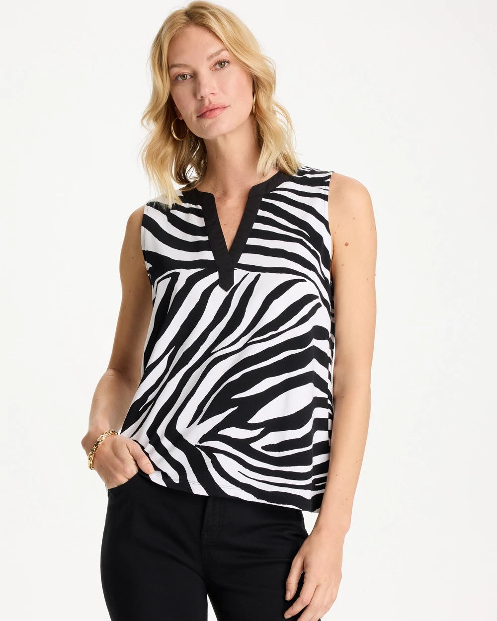 Zebra Cotton-Stretch Notch Neck Tank Black - Chico's