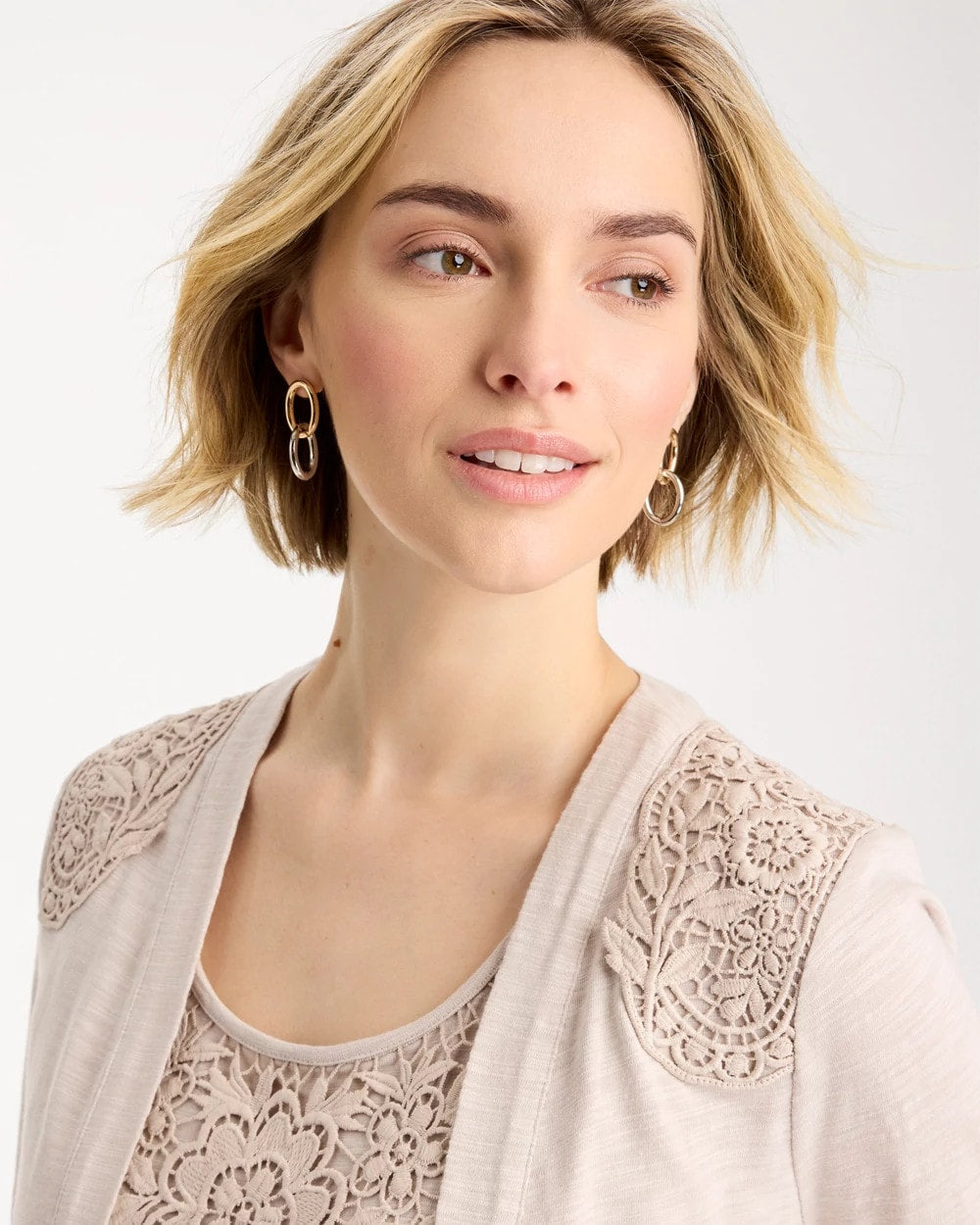 Embroidered Cotton Slub 3/4 Sleeve Cardigan Smokey Taupe - Chico's