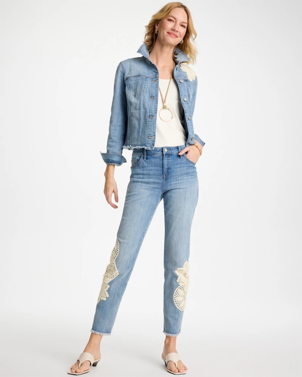 Girlfriend Slim Crochet Fray Ankle Jeans Coral Reef Indigo - Chico's