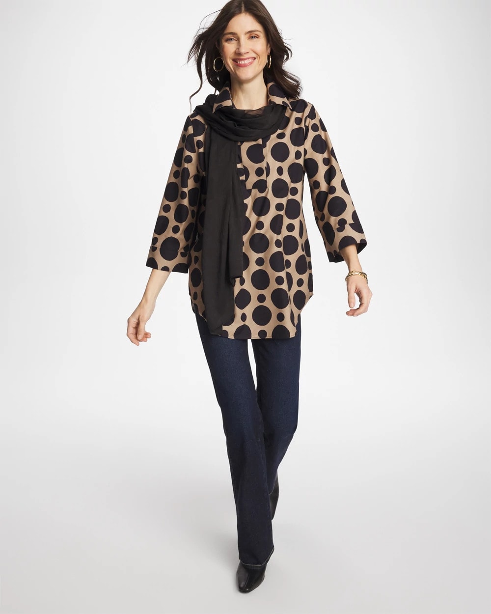 No Iron™ Stretch Global Dots Popover Tunic Cattail Brown - Chico's