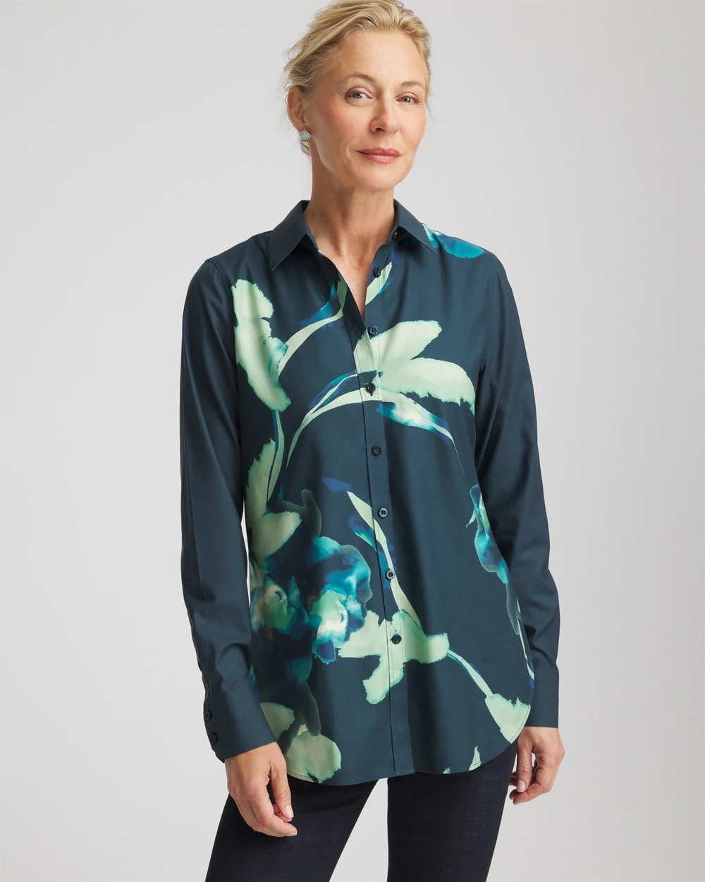No Iron™ Glacial Flora Sateen Shirt Teal Shadow - Chico's